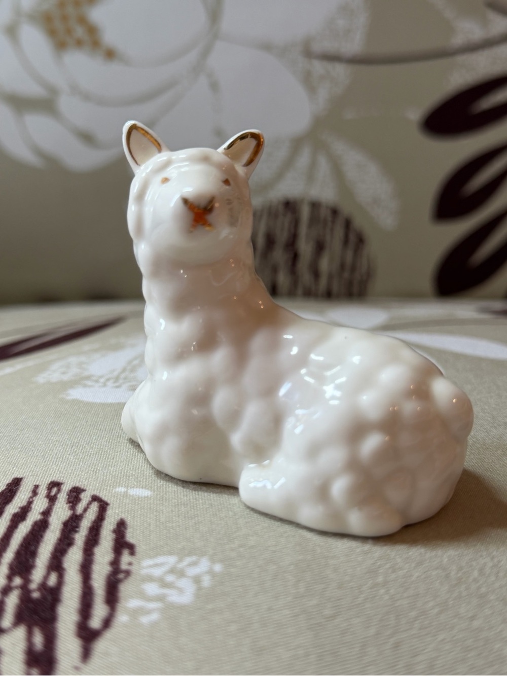 White Ceramic Llama Figurine with Gold Accents - Home Art